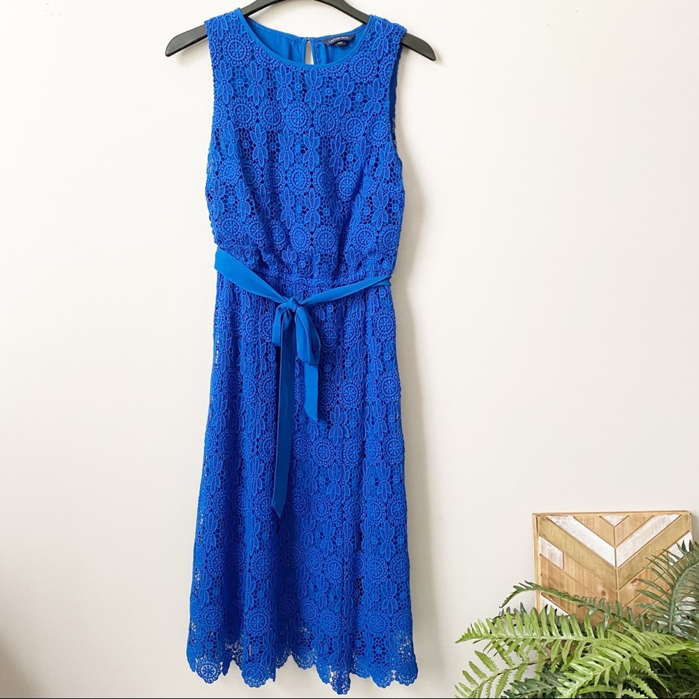 Easter Dress!! Lands End Lace Overlay Tie Waist Blue Dress
